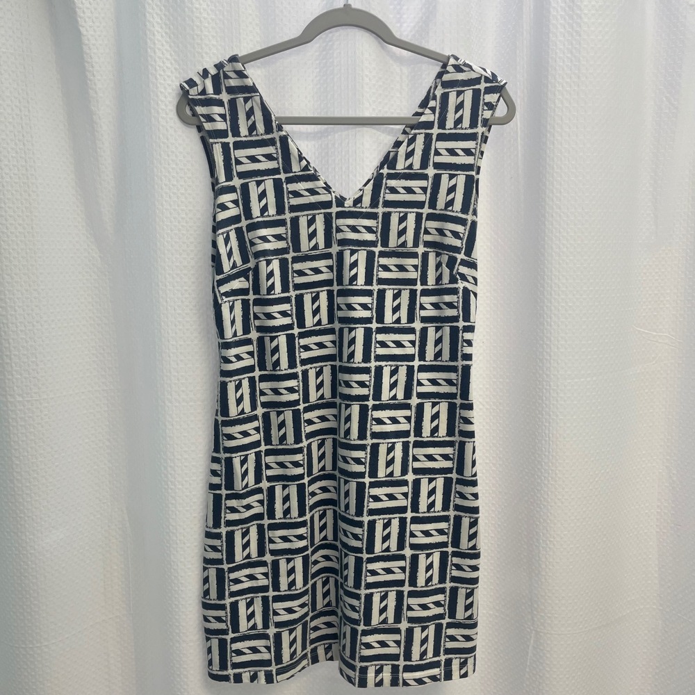 Mahi Gold Navy White Geometric V-Neck Sleeveless Sheath Dress Medium USA Made